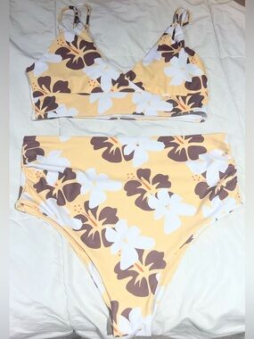 High-Waist Floral Bikini Set - Yellow & Brown Size Small (fits like a medium)